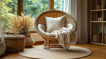 A comfortable wicker chair with a plush pillow and a knitted plaid