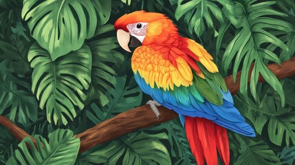 Fototapeta premium A vibrant parrot perched among lush tropical foliage.