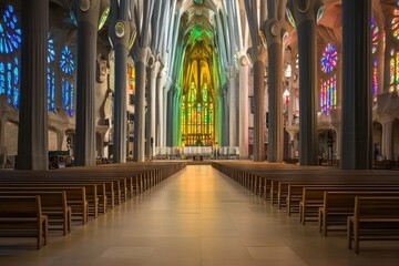 Majestic Cathedral Interior with Illuminated Stained Glass and Grand Architecture