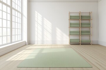 Fototapeta premium Light Green Yoga Mat in a Minimalist Sunlit Room for Wellness and Meditation