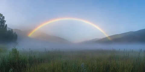Natural phenomenon showcasing a white rainbow appearing as a fog bow over a meadow during a foggy morning, highlighting the beauty of this unique natural phenomenon in nature.