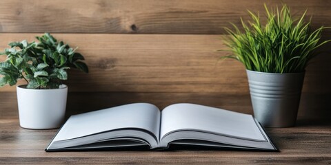 Blank catalog and book mock ups featuring magazines displayed on a wooden background, ideal for showcasing your creative designs and publishing ideas. Use this blank catalog for your next project.