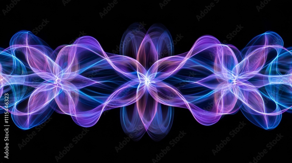 Poster abstract symmetrical glowing pattern with purple and blue light trails on black background