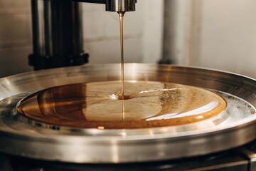 Obraz premium Syrup Pouring on Rotating Pan in Industrial Setup