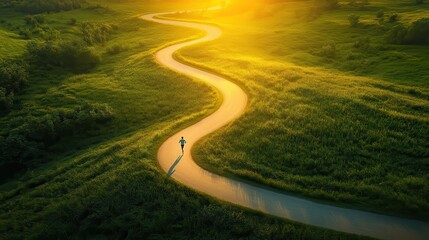 Runner on Winding Country Road at Golden Sunset Sunrise