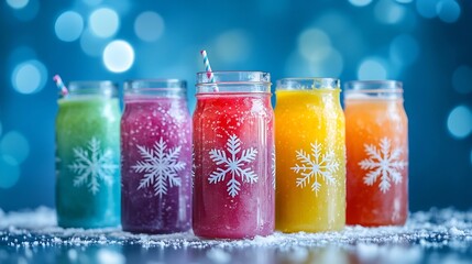 Colorful Icy Frozen Beverages with Snowflake Accents in Winter Wonderland