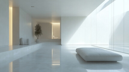 A sleek white minimalist living room with mod