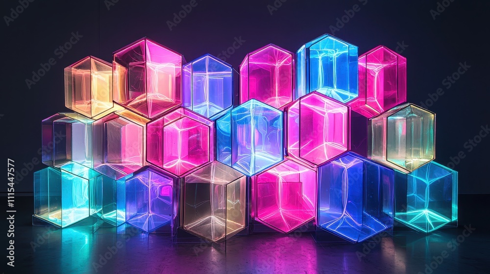 Poster intricate arrangement of colorful hexagonal and diamond shaped light structures on display
