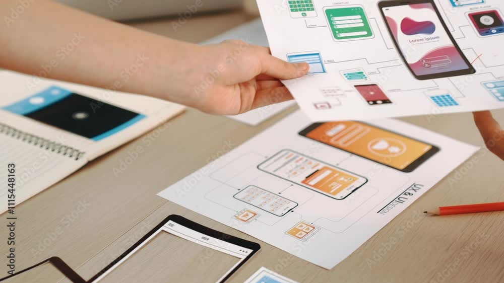 Wall mural panorama video of startup company employee planning on user interface prototype for mobile applicati