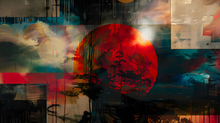 Surreal Abstract Landscape with Red Sun and Cosmic Elements..