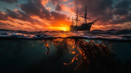 Fototapeta premium Sailing ship at sunset with underwater view of seaweed, dramatic ocean scene. Maritime adventure and exploration concept