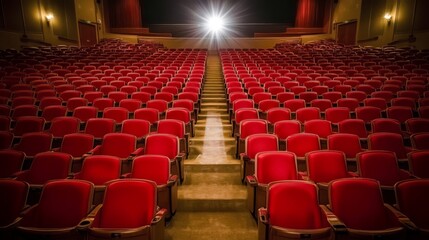 Naklejka premium Empty movie theater with spotlight casting a solitary beam on the stage, symbolizing the power of imagination and the potential for new beginnings in a quiet, reflective space.