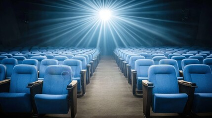 Obraz premium Empty movie theater with spotlight casting a solitary beam on the stage, symbolizing the power of imagination and the potential for new beginnings in a quiet, reflective space.