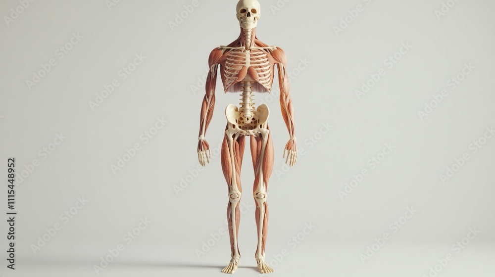 Poster A meticulously crafted representation of a human skeleton highlighting muscle groups and bone structure for educational purposes. The lifelike details allow for realistic anatomy studies