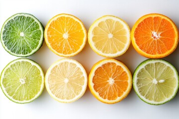Fototapeta premium Slicing citrus fruits colorful oranges and limes displayed on white surface food photography fresh and vibrant style
