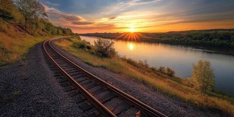 Fototapeta premium Stunning sunset view from a railroad overlooking a river, showcasing the beauty of nature as the sun sets, creating a breathtaking railroad scene with a picturesque river backdrop.