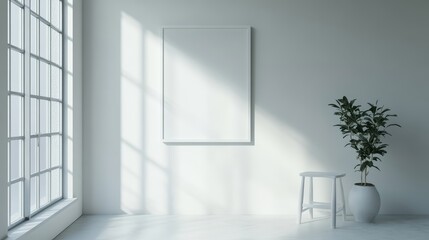 A minimalist interior with natural light, a plant, and an empty frame.