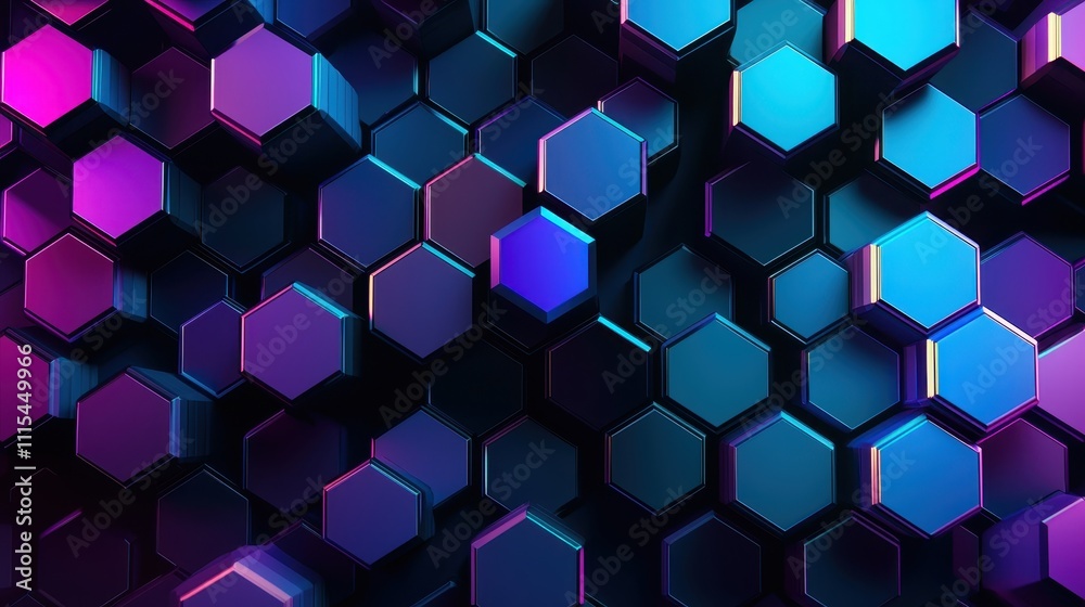 Poster intricate arrangement of hexagonal and diamond-shaped blocks in vibrant colors and patterns