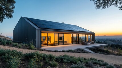 Obraz premium Modern solar powered house on hillside at sunset.