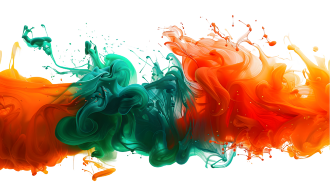 DarkRed, Orange, Green liquid colour mixed isolated on a transparent background