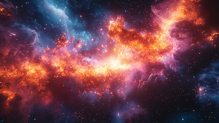 Naklejka premium vibrant cosmic nebula with fiery orange and pink hues scattered with glowing stars in a deep blue and black space setting