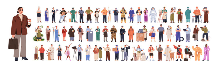 Professions, occupations and jobs set. Teacher, chef, doctor, construction worker, maid and waiter. Different work characters in various uniforms. Flat vector illustration isolated on white background
