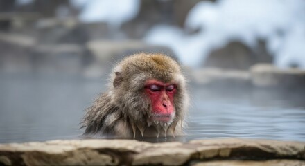 Fototapeta premium Japanese macaque relaxing in hot spring during winter in snowy landscape