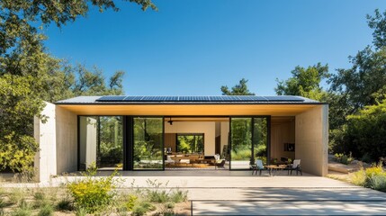 Fototapeta premium Modern sustainable home with solar panels, expansive windows, and outdoor patio.