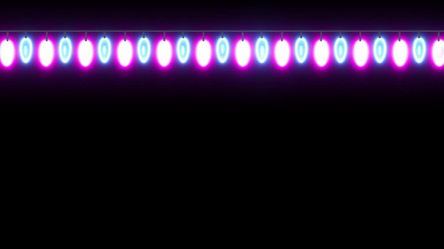 Colorful string of glowing blinking light bulbs. Glowing and blinking christmas lights isolated on black background with alpha channel Realistic garlands, festive decorations birthday Holiday