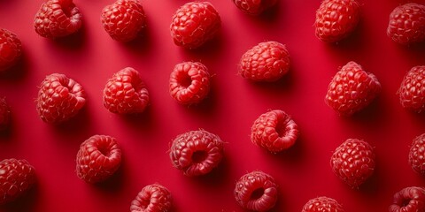 Fresh raspberries captured against a vibrant red background. This food photography highlights the...