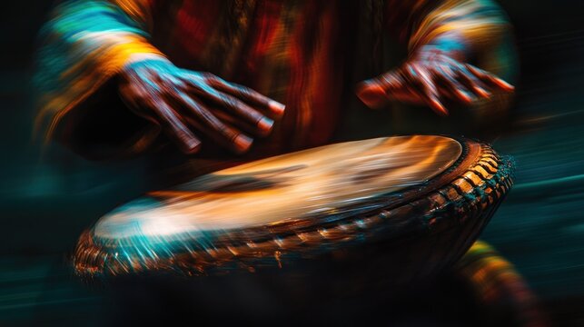 Motion blur of hands playing a djembe drum.