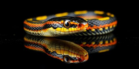 Fototapeta premium Garter snake on a black background showcases its unique features, with the garter snake reflected, emphasizing its striking appearance and distinct characteristics.