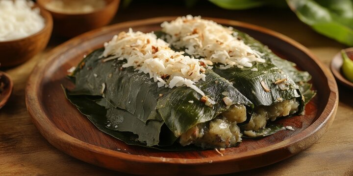 Cassava Leaf Buntil served on a wooden plate. This traditional dish features cassava leaves or taro, filled with grated coconut and anchovies, complemented by a rich coconut milk sauce.