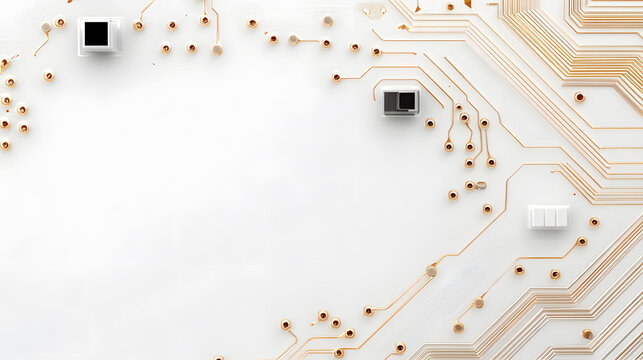 Overhead view of golden electronic microcircuit and microchip with blank space for design on white