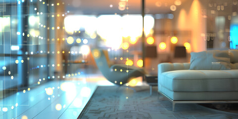 Modern living room interior with blurred city view at night.