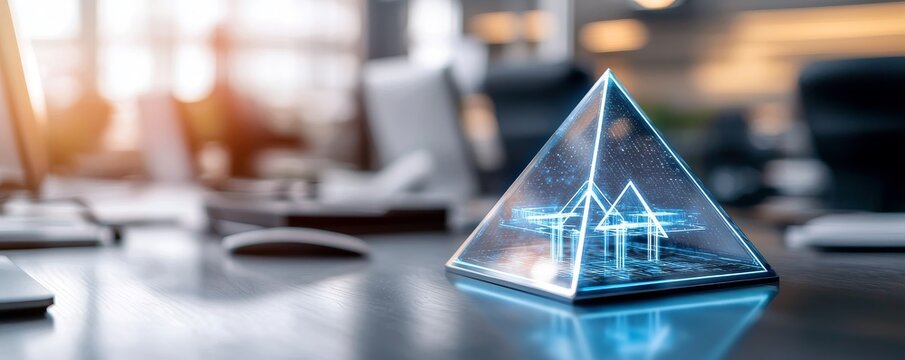 Leadership and Infrastructure in pyramid concept. 3D holographic pyramid on a modern office desk