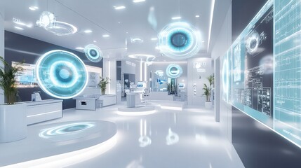 Fototapeta premium A clean, futuristic ophthalmology center featuring floating holographic images of eye disease scans, surrounded by digital treatment plans for cataracts, glaucoma, and other vision impairments.