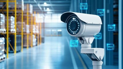 Supply chain security risks concept. Surveillance camera in a modern warehouse setting.