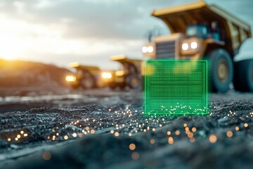 Sustainability in mining industry concept. Green digital overlay on construction site with dump trucks.