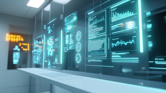 A clean, high-tech public health command center where floating holographic data displays track disease prevention programs, vaccination coverage, and sanitation efforts