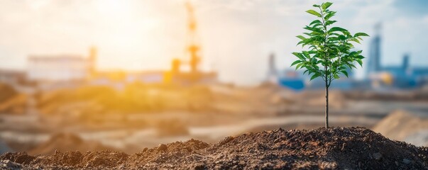 Sustainability in mining industry concept. New tree sprouting in an industrial landscape at sunrise.