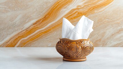 The elegant bathroom decor features a beautifully designed tissue holder with intricate ornate patterns, set against a backdrop of luxurious marble that exudes sophistication and class.