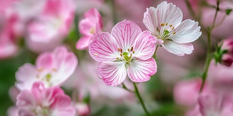 Obraz premium Delicate pink and white flowers bloom in the forest, showcasing their intricate beauty in a close up view. The close up captures the delicate nature of these pink and white flowers perfectly.
