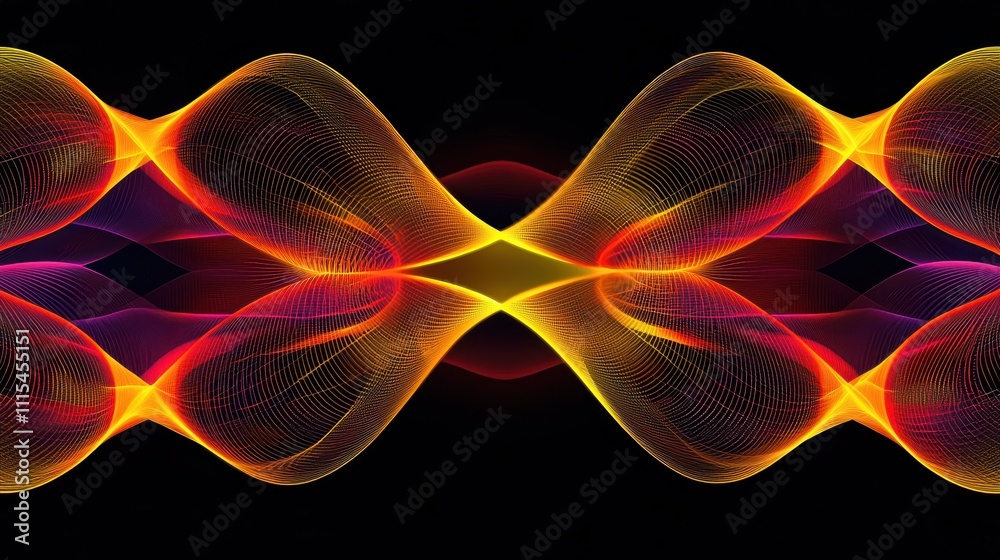 Poster intricate overlapping loops of translucent material in vibrant colors on a dark background