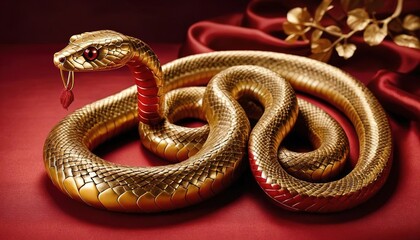 Fototapeta premium Majestic golden snake, its sinuous body elegantly coiled upon a sumptuous backdrop of rich red and gold silk, reminiscent of ancient Chinese art and calligraphy