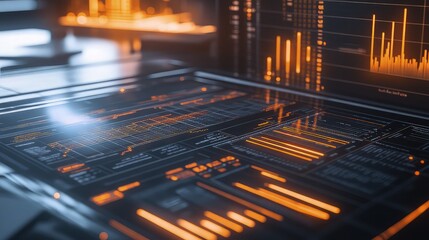 A glowing digital interface displays complex financial data analytics on a sleek futuristic dark surface.