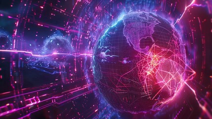 Fototapeta premium Vibrant close up of electric field neon purple and red patterns surrounding a central sphere
