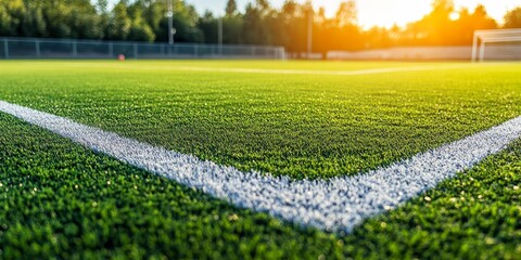 Corner kick position on a football field displayed from a side view. The soccer field s corner area is highlighted, featuring synthetic lawn for optimal play during corner kick moments.