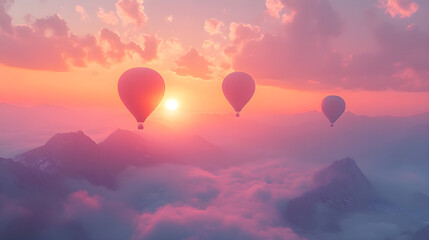 Fototapeta premium Hot Air Balloons at Sunrise Over Misty Mountains.