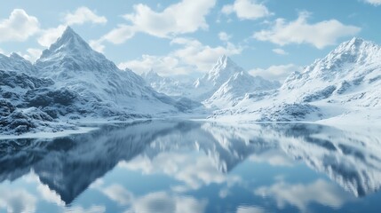 Fototapeta premium A serene winter landscape featuring snow-covered mountains and a reflective lake under a blue sky.